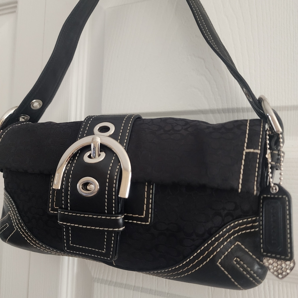 COACH Signature Y2K Mini Black Soho Flap Shoulder Bag Purse With Silver Accents